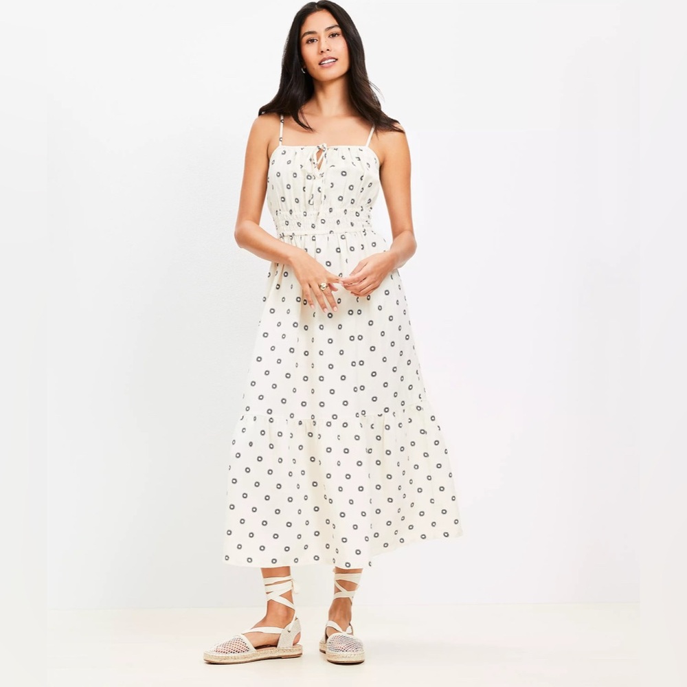 LOFT Dotted Tie Linen Blend Strappy Midi Dress Size 0P